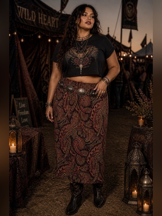 JM Collection Dresses & Skirts - Boho Faux Suede Paisley Print Maxi Skirt – Earthy Stretch Fit | Size 16